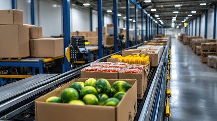 Poster - an organized warehouse interior showing fresh produce on conveyor belts in a modern food distributio