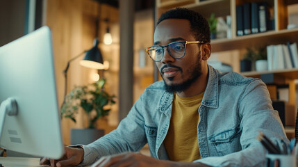 Poster - Focused african american man working on computer in modern office space desk denim light casual