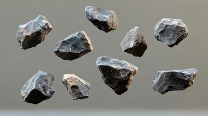 Poster - Collection of Raw Volcanic Rocks Floating in Air Against Neutral Background Mineral Study Geology Resource Rough Texture Detailed Surface Dark Stone