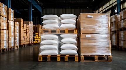 Poster - Stockroom with Stacked Pallets of Bulk Food Products in Warehouse Setting for Food Distribution and Storage Solutions