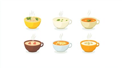 Fototapete - 87.A versatile set of soup bowl illustrations in a flat design style, showcasing bowls filled with soups, each with distinct garnishes and steam lines, isolated on a crisp white backdrop.