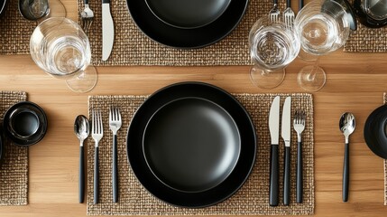 Sticker - 104.A top-down view of a dining table set with sleek black dinnerware on textured woven placemats, paired with polished silver utensils, crystal-clear glassware, and a warm wooden tabletop,