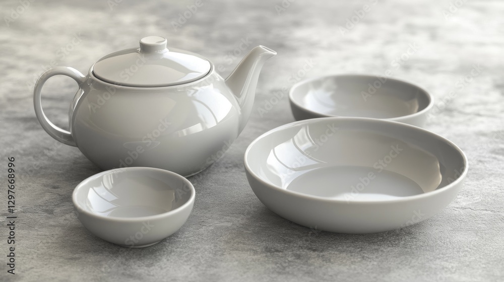 12.A collection of grey ceramic crockery, including a teapot, bowls, and dinner plates, on a concrete surface with complementary hues, under soft natural light that accentuates their forms.