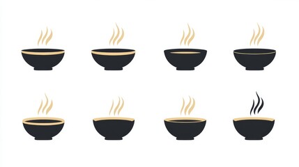 Fototapete - 75.A detailed vector icon set of soup bowls, including circular and rectangular shapes, with elegant steam lines rising above the bowls, designed in a minimalist flat style against a white backdrop.