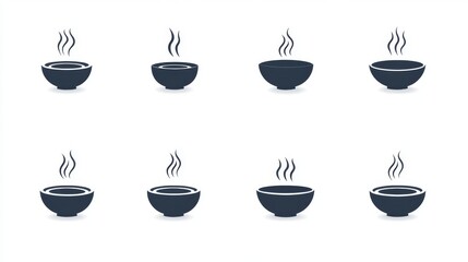 Fototapete - 75.A detailed vector icon set of soup bowls, including circular and rectangular shapes, with elegant steam lines rising above the bowls, designed in a minimalist flat style against a white backdrop.