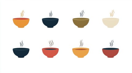 Fototapete - 75.A detailed vector icon set of soup bowls, including circular and rectangular shapes, with elegant steam lines rising above the bowls, designed in a minimalist flat style against a white backdrop.