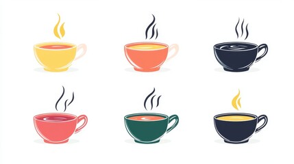 Fototapete - 75.A detailed vector icon set of soup bowls, including circular and rectangular shapes, with elegant steam lines rising above the bowls, designed in a minimalist flat style against a white backdrop.