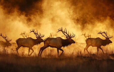  Majestic Elk Herd Walking Through Misty Landscape at Sunrise