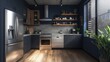 © AiPhotoSale - An enchanting dark blue kitchen bathes in natural light, featuring warm light brown wooden floors laid diagonally. Each plank adds elegance to the serene space, inviting you into a cozy culinary haven