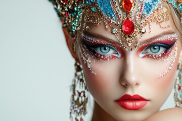 Aufkleber - Elegant makeup design featuring intricate embellishments and bold colors showcasing beauty artistry during a fashion event