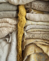 Poster - Stack of Folded Linen Fabrics in Neutral Tones with a Yellow Scarf Creating a Warm and Inviting Atmosphere for Textile Design