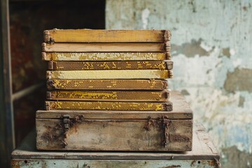 Aufkleber - A stack of yellow books on top of a wooden crate
