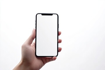 Hand Holding Smartphone with Blank Screen Isolated on a White Background