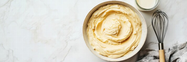 Aufkleber - Creamy buttercream frosting prepared in a mixing bowl alongside a whisk and milk on a marble counter. Generative AI