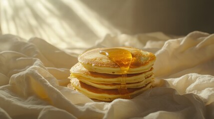 Aufkleber - Delicious pancakes stacked high drizzled with golden syrup on soft fabric. Generative AI