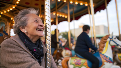 Elderly woman with silver hair smiles brightly while riding a carousel, surrounded by colorful horses and cheerful participants on a sunny afternoon - Generative A