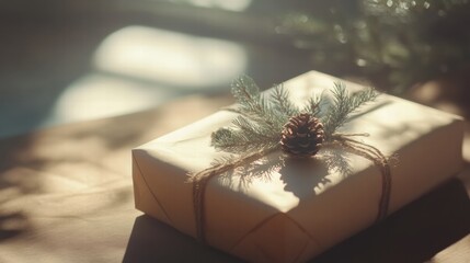 Aufkleber - Gift wrapped in natural elements on a sunny surface creates a warm festive atmosphere during the holiday season. Generative AI