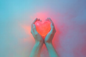 Aufkleber - Hands holding a glowing heart shape in colorful light with misty background during a creative studio session. Generative AI