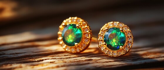 Poster - Exquisite gold earrings with vibrant opal gemstones on rustic wood surface jewelry elegance luxury accessory