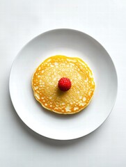 Aufkleber - Enjoying a simple pancake topped with a fresh raspberry on a white plate in a cozy kitchen setting. Generative AI