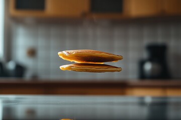 Poster - Fluffy pancakes levitating above a countertop in a cozy kitchen setting during morning preparation. Generative AI