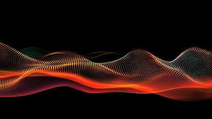 Poster - Abstract wave of glowing orange, yellow, and red particles flowing in dark space, representing futuristic technology and data visualization. Ideal for AI, big data, and innovation themes