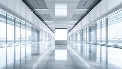  Bright Modern Corridor Interior With Reflective Floor And Blank Sign