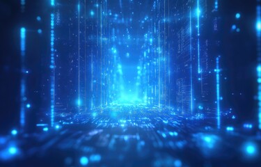 Poster - Futuristic digital landscape with glowing blue data streams and a cybernetic atmosphere, symbolizing artificial intelligence and technology. Ideal for AI, big data, and innovation themes