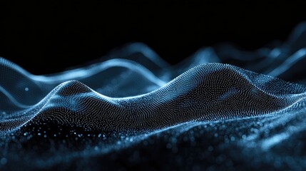 Poster - Abstract wave of glowing blue particles flowing in dark space, symbolizing data visualization and futuristic technology. Ideal for AI, big data, and digital innovation themes