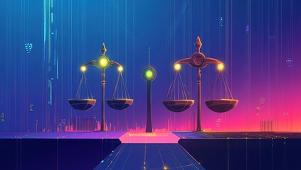 Poster - Abstract Digital Scales of Justice in Neon Glowing Cityscape