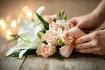 Aufkleber - Completing a beautiful floral arrangement with white lilies and pink roses for a special occasion. Generative AI