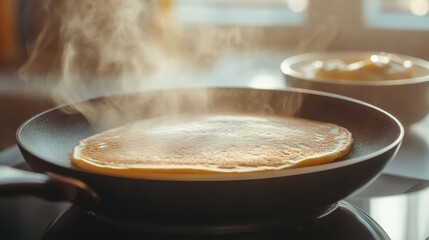 Poster - Cooking pancakes in a warm kitchen with steaming batter and a bowl of fresh toppings nearby. Generative AI