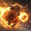 © Laongdouw - A powerful bull charges through flames, embodying strength and energy. Its fiery mane and determined expression create a captivating image of raw power and vitality.