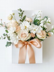 Aufkleber - Beautiful floral arrangement with cream roses and white flowers wrapped in a ribbon, perfect for gifting and celebrations. Generative AI