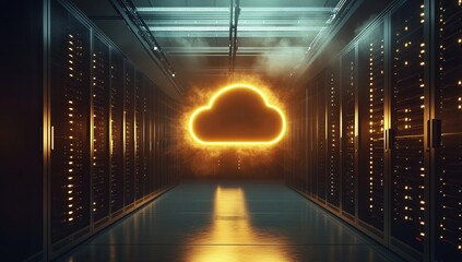 Poster - Glowing Cloud Symbol in a Modern Data Center
