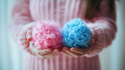 Poster - Child holds two fluffy pom poms in contrasting colors inside a cozy indoor setting during daytime. Generative AI