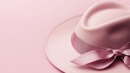 Wall Mural - Pink hat rests gracefully; soft ribbon bow, simple studio backdrop, monochrome