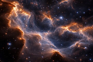 Poster - Ethereal cosmic nebula of vibrant orange and blue hues in a starlit expanse of deep space astronomy and celestial wonder