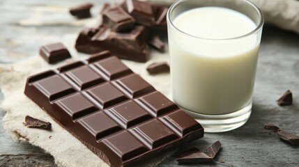 Poster - Dark chocolate bar and glass of milk on a rustic wooden table with chocolate pieces scattered around. Generative AI