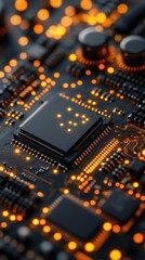 Poster - Intricate motherboard design showcasing central processor unit with glowing orange lights emphasizing technological advancement and data processing capacity