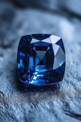 Poster - Captivating cushion cut sapphire gem on textured slate background with brilliant facets and deep blue hue luxury jewelry concept