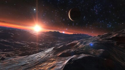 alien planet sunrise: a breathtaking view of a sunrise over a rocky alien planet, with a crescent mo