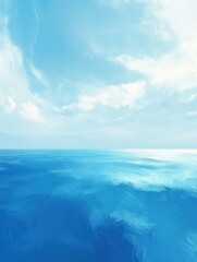 Poster - Serene ocean view under a bright sky with soft clouds creating a peaceful and calming atmosphere in a blue hue