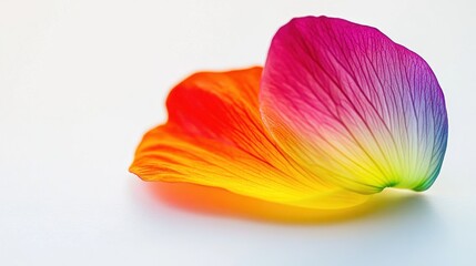 Wall Mural - Rainbow Petal Resting Single flower petal on a white surface against bright background