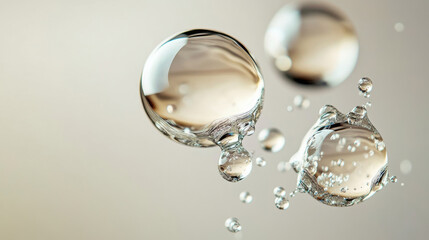 Wall Mural - close-up of three irregularly shaped liquid bubbles, almost spherical but uniquely deformed, their s