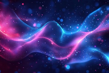 Poster - Captivating abstract wave of colorful glowing particles against dark backdrop creating a mesmerizing and modern visual effect for digital designs