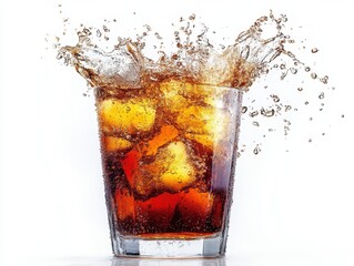 Poster - Refreshing cola beverage with ice cubes creating a dynamic splash against a clean white background in a studio shot