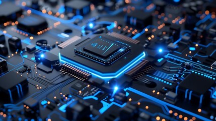 Poster - A next-generation quantum computer surrounded by glowing blue energy fields, futuristic processors and circuits forming a highly advanced digital network, a sci-fi-inspired high-tech setting