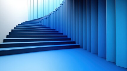 Poster - Abstract blue staircase ascending with vertical panels in a modern architectural design perspective geometric composition minimalist style