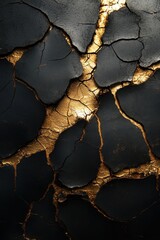 Poster - Captivating Texture of Cracked Black Surface with Golden Veins Abstract Art Background Close Up View
